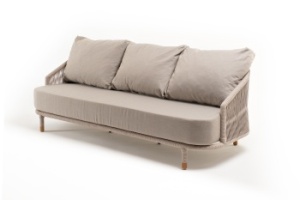 "Верона" диван 3-местный плетеный из роупа, каркас алюминий белый муар, роуп бежевый круглый, ткань бежевая 15052цвет Бежевый