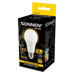 Лампа светодиодная SONNEN EXTRA, 12 (100) Вт, Е27, груша, теплый белый, 30000 ч, LED A60-12W-2700-Е27, 457894