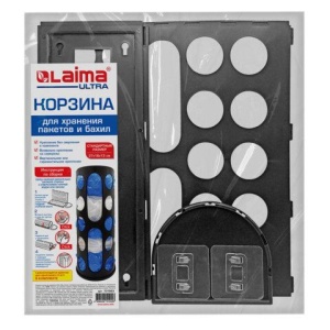 Корзина для хранения пакетов и бахил СРЕДНЯЯ 37х16х13см, крючки-крепеж в комплекте, черная, LAIMA ULTRA, 701663