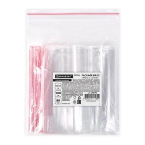 Пакеты ZIP LOCK "зиплок" ОЧЕНЬ ПРОЧНЫЕ, комплект 100шт, 10х15cм, ПВД, 80мкм., BRAUBERG EXTRA, 608176