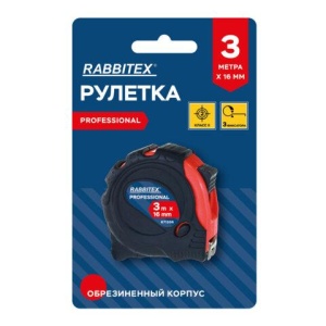 Рулетка измерительная 3м х 16мм, обрезиненный корпус, 3 фиксатора, RABBITEX Professional, 671356