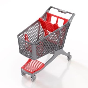 Пластиковая покупательская тележка DRIFT, 180 литров, серая, c красными д\с, разделителем, полкой