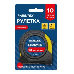 Рулетка измерительная 10м х 25мм,обрезиненный корпус, с фиксатором, RABBITEX Standard, 671351