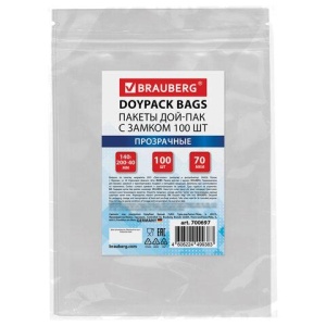 Пакеты дой-пак с замком ZIP LOCK, прозрачные, 140х200 + 40 мм, КОМПЛЕКТ 100 штук, 70 мкм, BRAUBERG, 700697