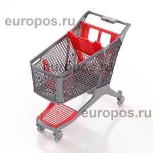 Пластиковая покупательская тележка DRIFT, 180 литров, серая, c красными д\с, разделителем, полкой
