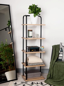 Стеллаж Отрада узкий с 5 полками из ЛДСП, 400х330х1260Н, черный/дуб