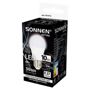 Лампа светодиодная SONNEN EXTRA, 10 (85) Вт, E27, шар, нейтральный белый, 30000 ч, LED G45-10W-4000-Е27, 457914