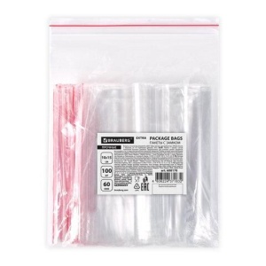 Пакеты ZIP LOCK "зиплок" ПРОЧНЫЕ, комплект 100 шт., 10х15 cм, ПВД, 60 мкм., BRAUBERG EXTRA, 608170