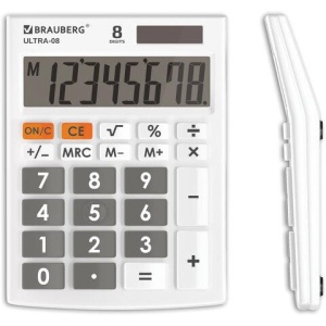 Калькулятор настольный BRAUBERG ULTRA-08-WT, КОМПАКТНЫЙ (154x115 мм), 8 разрядов, двойное питание, БЕЛЫЙ, 250512