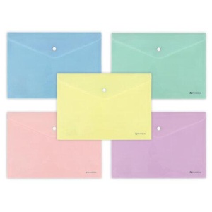 Папка-конверт с кнопкой А4, КОМПЛЕКТ 5 шт., пастельные цвета ассорти, BRAUBERG "PASTEL", 0,18 мм, 272866