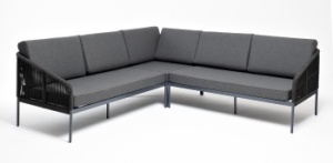 "Канны" диван модульный плетеный из роупа, основание дуб, роуп темно-серый круглый, ткань темно-серая 027цвет Темно-серый