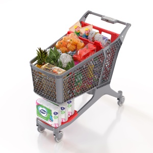 Пластиковая покупательская тележка DRIFT, 180 литров, серая, c красными д\с, разделителем, полкой