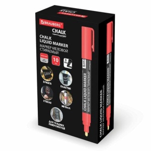 Маркер меловой CHALK LIQUID MARKER, КРАСНЫЙ, 3 мм, стираемый, BRAUBERG "CHALK", 152589