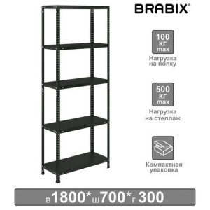 Стеллаж металлический BRABIX "ГРАФИТ MS KD-185/30/70-5", лофт, 1850х700х300 мм, 5 полок, 291267, S240BR123593