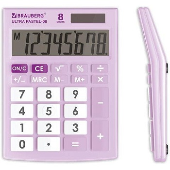 Калькулятор настольный BRAUBERG ULTRA PASTEL-08-PR, КОМПАКТНЫЙ (154x115 мм), 8 разрядов, двойное питание, СИРЕНЕВЫЙ, 250516