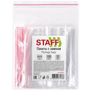 Пакеты с замком ZIP-LOCK "зиплок", комплект 100 шт., 10х15 см, ПВД, толщина 32 мкм, STAFF, 608165