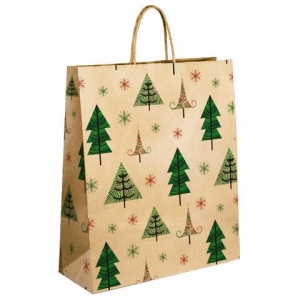 Пакет подарочный КОМПЛЕКТ 10 штук, новогодний, 26x13x32 см, "Kraft Xmas Tree", ЗОЛОТАЯ СКАЗКА, 591959
