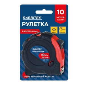Рулетка измерительная 10 м х 25 мм, обрезиненный корпус, 3 фиксатора, RABBITEX (РАББИТЕКС) Professional, 671359