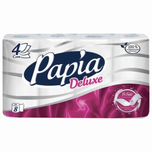 Бумага туалетная бытовая, спайка 8 шт., 4-слойная (8х14,8 м), PAPIA DELUXE/ELITE, белая, 50202823/502040