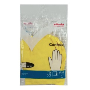 Перчатки МНОГОРАЗОВЫЕ резиновые VILEDA "Контракт", хлопчатобумажное напыление, размер 8,5-9, L (большой), желтые, вес 60 г, 174325