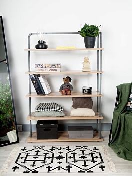 Стеллаж Отрада широкий с 5 полками из ЛДСП, 900х330х1260Н, серый/дуб