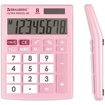 Калькулятор настольный BRAUBERG ULTRA PASTEL-08-PK, КОМПАКТНЫЙ (154x115 мм), 8 разрядов, двойное питание, РОЗОВЫЙ, 250514