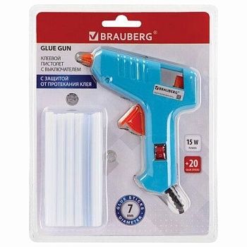 Клеевой пистолет 15Вт для стержня 7мм, комплект 20 стержней (10 бел+10 прозр), Brauberg, 671052