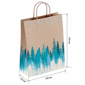 Крафт пакет бумажный Лес 26х15х35см с кручеными ручками, плотность 80 гр/м2, 112498
