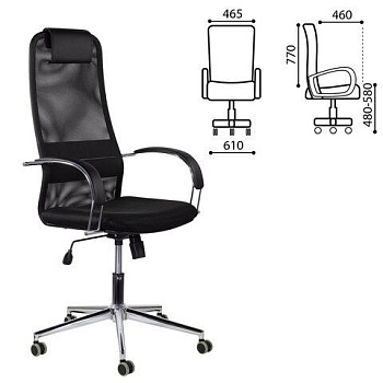 Кресло офисное BRABIX "Pilot EX-610 CH" premium, хром, ткань-сетка, черное, 532417