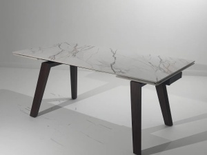 Стол БЭТИС (BETIS) 180 см -260 см раскладной цвет MATTE GILDED WHITE SOLID CERAMIC / WALNUT, ®DISAUR