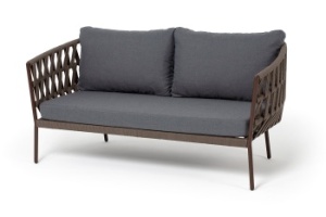 "Диего" диван 2-местный плетеный из роупа, каркас алюминий коричневый (RAL8016) муар, роуп коричневый круглый, ткань темно-серая 027цвет коричневый