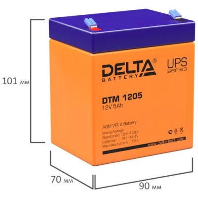 Аккумуляторная батарея для ИБП любых торговых марок, 12 В, 5 Ач, 90х70х101 мм, DELTA, DTM 1205