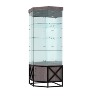 Витрина стеклянная "ЛОФТ СТИЛЬ" угловая №14 пятигранная (с дверкой, задние стенки - зеркало), Ясень Анкор темный - U31105