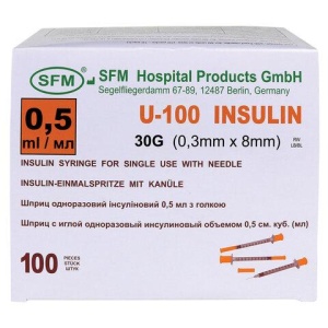 Шприц инсулиновый SFM, 0,5 мл, КОМПЛЕКТ 10 шт., в пакете, U-100 игла несъемная 0,3х8 мм - 30G, 534255