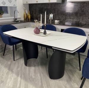 Стол ОЛЬХОН 180 БЕЛЫЙ МРАМОР МАТОВЫЙ , керамика / Черный каркас,