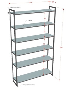 Стеллаж лофт ПС-2012Ч со стеклянными полками