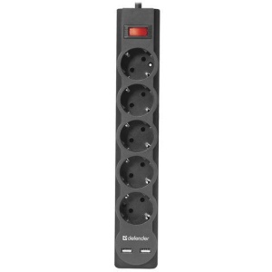 Сетевой фильтр DEFENDER DFS 753, 5 розеток, 2 разъема USB, 3 м, черный, 99753