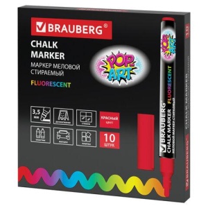 Маркер меловой BRAUBERG "POP-ART", сухостираемый, для гладких поверхностей, 3,5 мм, КРАСНЫЙ, 151521