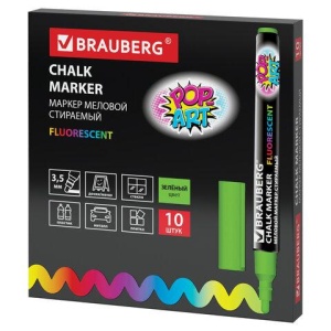 Маркер меловой BRAUBERG "POP-ART", сухостираемый, для гладких поверхностей, 3,5 мм, ЗЕЛЕНЫЙ, 151524