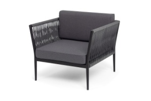 "Касабланка" кресло плетеное из роупа, каркас алюминий черный муар, роуп серый 15мм, ткань темно-серая 027цвет Серый