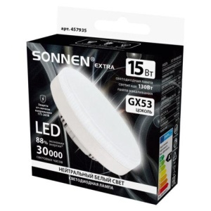 Лампа светодиодная SONNEN EXTRA, 15 (130) Вт, GX53, таблетка, нейтральный белый, 30000 ч, LED 15W-4000-GX53, 457935
