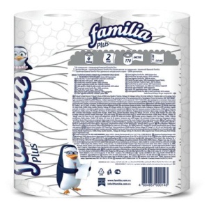 Бумага туалетная бытовая, спайка 4 шт., 2-слойная (4х20,4 м), FAMILIA PLUS, белая, 5080758