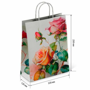 Крафт пакет бумажный Розы 22х12х25см с кручеными ручками, плотность 100 гр/м2, белый,, 114164