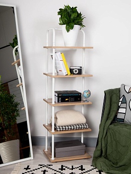 Стеллаж Отрада узкий с 5 полками из ЛДСП, 400х330х1260Н, белый/дуб