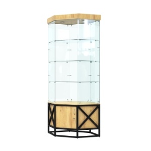 Витрина стеклянная "ЛОФТ СТИЛЬ" угловая №117 шестигранная (без дверки, задние стенки - стекло)