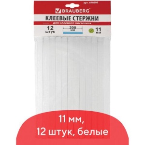 Клеевые стержни, диаметр 11 мм, длина 200 мм, белые, комплект 12 штук, BRAUBERG, европодвес, 670299
