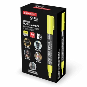 Маркер меловой CHALK LIQUID MARKER, ЖЕЛТЫЙ, 3 мм, стираемый, BRAUBERG "CHALK", 152590