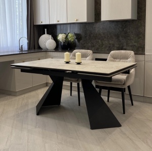 Стол ОРИГАМИ  240 см - 300 см раскладной, цвет АЙВОРИ (AURA IVORY), керамика / Черный каркас