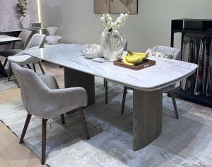 Стол КАЛВИН (CALVIN) 180 см - 260 см, SEMI-POLISHED SNOW CARRARA SOLID CERAMIC / СЕРЫЙ ДУБ, ®DISAUR