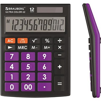 Калькулятор настольный BRAUBERG ULTRA COLOR-12-BKPR (192x143 мм), 12 разрядов, двойное питание, ЧЕРНО-ФИОЛЕТОВЫЙ, 250501